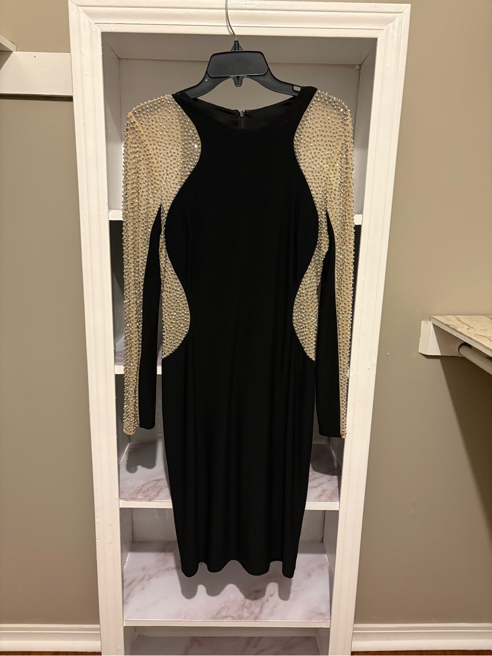 Xscape Black Dress with Gold Beaded Sleeves